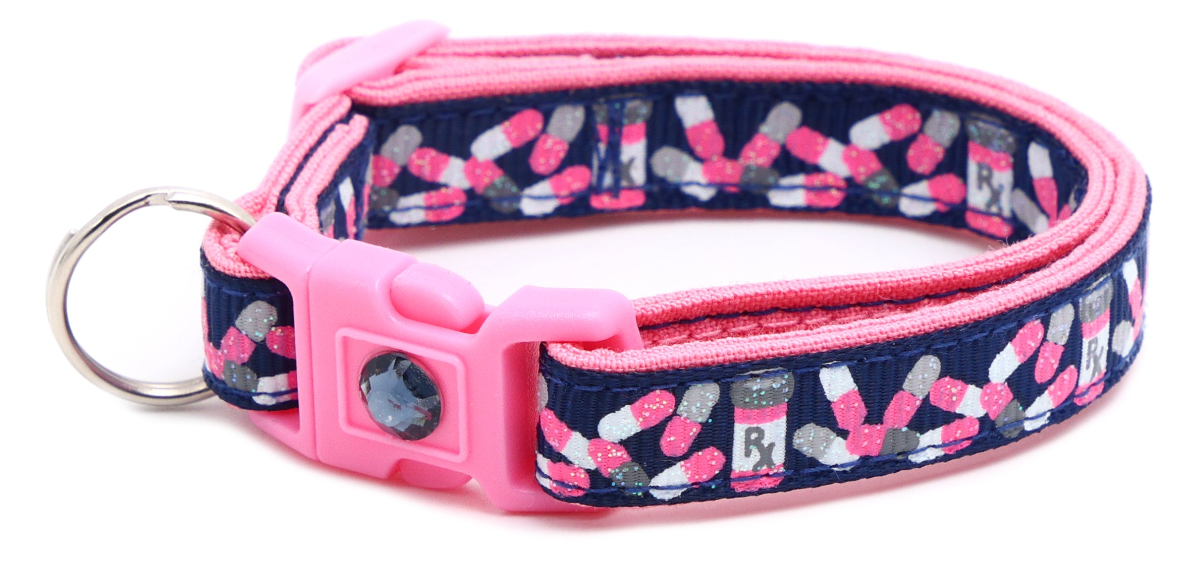 Handmade Pills Breakaway Cat Collar in reinforced cotton with adjustable sizes and breakaway clip for safety.